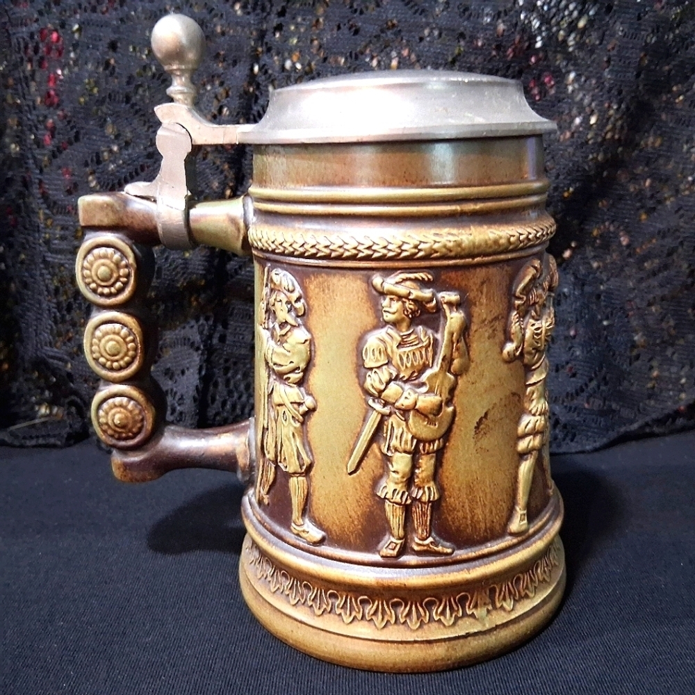 Vintage Stein West German Beer Lidded Mug Olive Green Brown Glazed Stoneware 6"